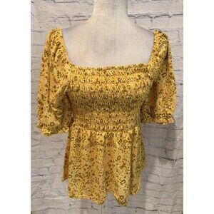 Melloday Smocked Peasant Cottage Core Size Medium Short Sleeve Floral Print Top